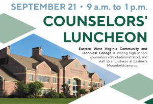 A graphic of text and diamond shapes. The text describes the name, date, time and purpose of the counselor's luncheon event.