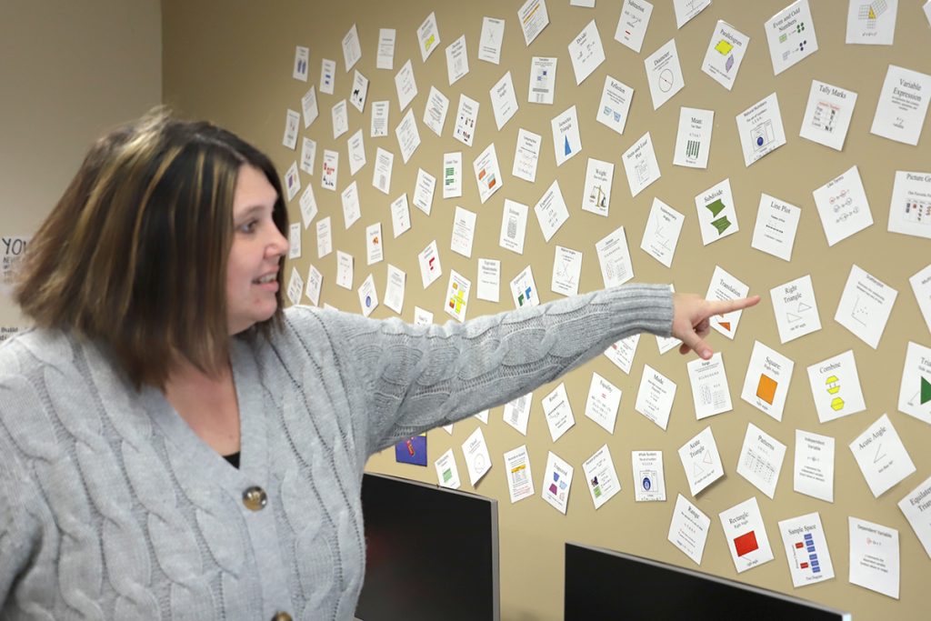 A woman points to the wall in a room. The wall is covered with small, square pieces of paper displaying diagrams and text.