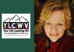 A graphic that shows the face of a woman at right, and the logo of a company with the letters YLCWV, which stands for Your Life Coaching WV.